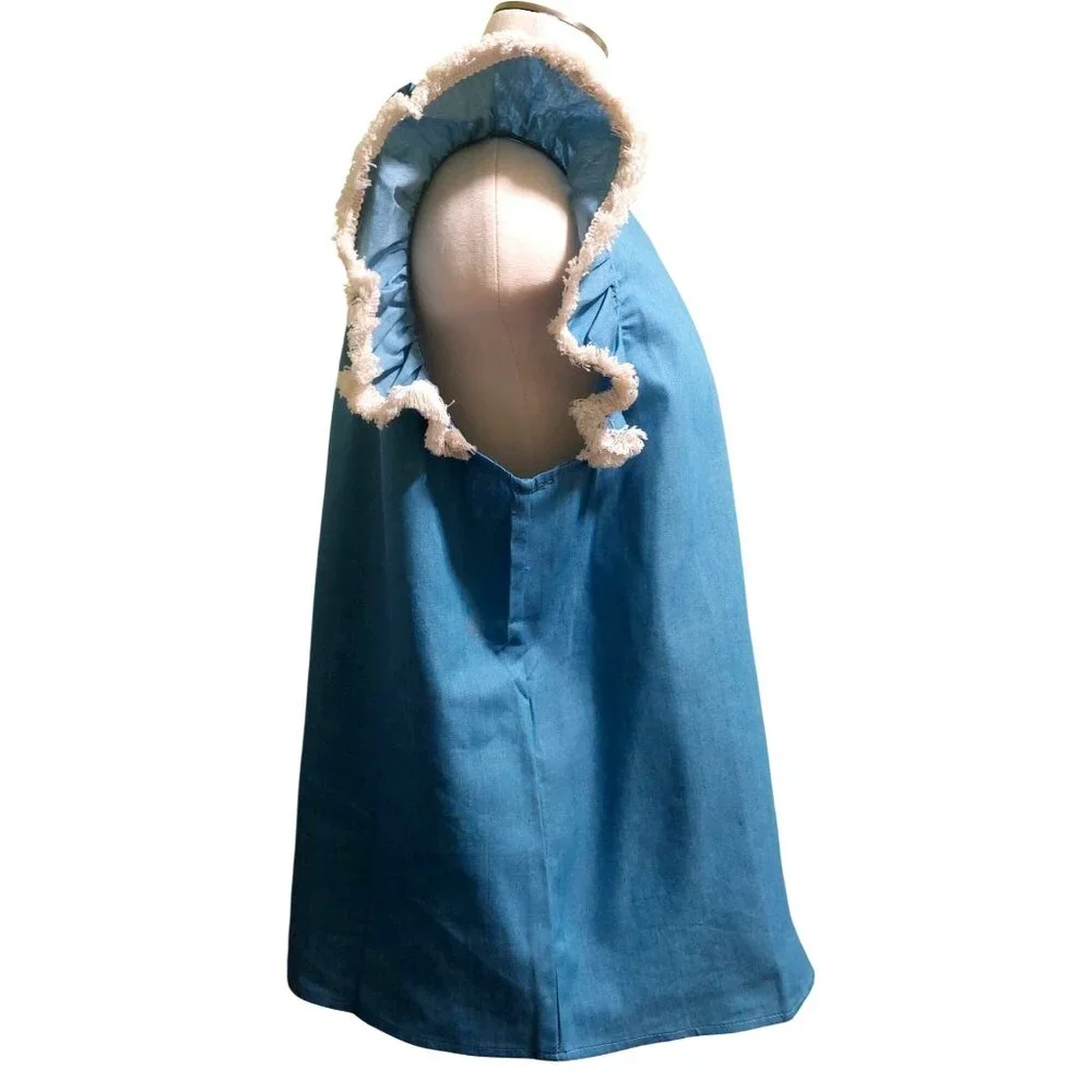 NWT Voy Blue Sleeveless Ruffle Top With Tie Back~Fringe Tip Sleeve~Size LARGE - Picture 3 of 8